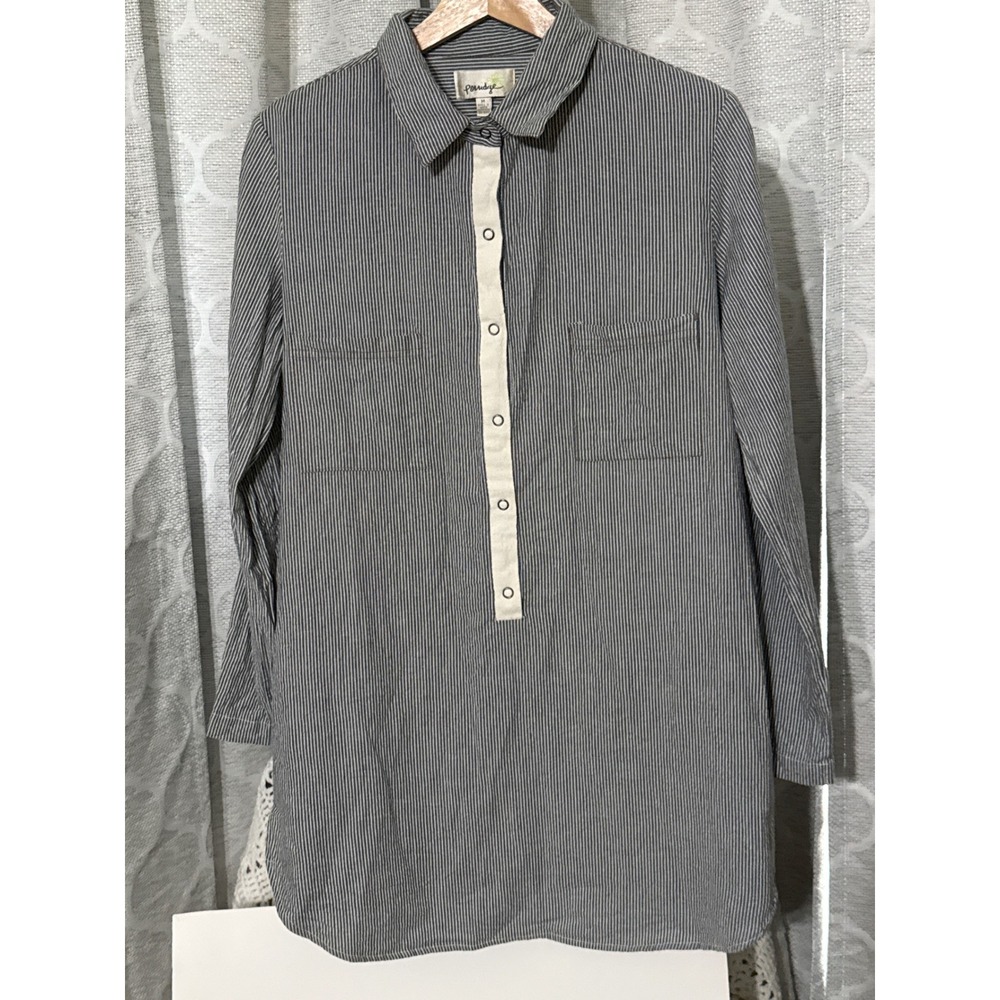 Porridge Anthropologie Striped Tunic Shirt Blue White Cotton Snap Front Womens M